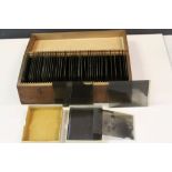 Box of vintage Glass photographic Slides and a card box of similar, all family type images