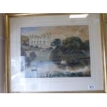 Framed and Glazed Watercolour of a Large House with Lake in front and Birds, 45cms x 43cms,