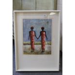Studio Framed Signed Oil Painting Portrait of Two African Tribe Women