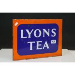 Vintage Double sided Enamel "Lyons Tea" sign in orange, blue & white, measures approx 38 x 28cm