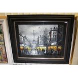 Signed Oil Painting View of Paris at Dusk with Figures and Horse & Carriage
