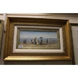 Gilt Framed Oil Painting of an Extensive Victorian Beach Scene with Figures and Parasols