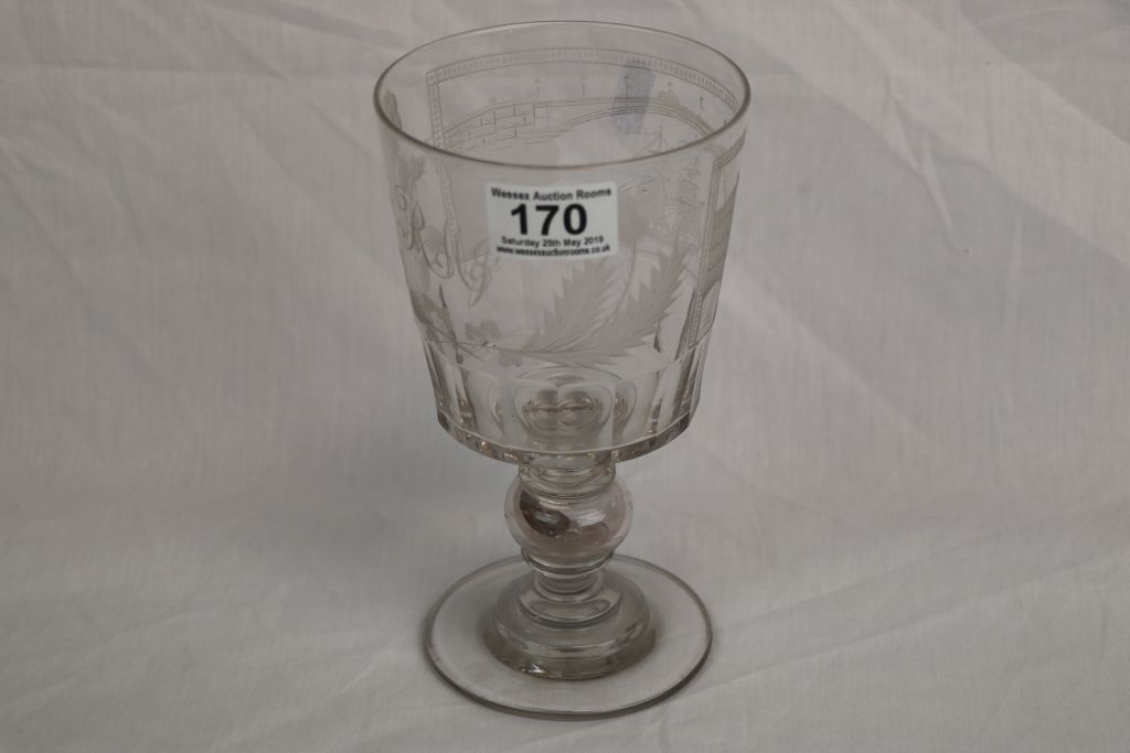 Large 19th Century cut Glass Goblet with wheel Engraved Sailing Ship going under a Bridge,