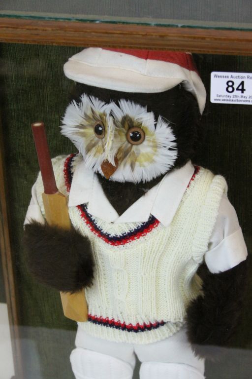 Wooden & glazed Display case with soft toy model of an Owl in Cricket gear, case measures approx - Image 2 of 5