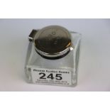 Post office Glass Inkwell with hinged metal lid marked "S O 44-12" with Crown, measures approx 5 x 5