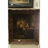 Oil Painting on Canvas Interior Scene of Mother and Child Sewing signed lower left Curakem ?,