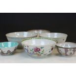 Six Antique Chinese export Ceramic Bowls in varying sizes and condition, some with figural