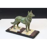 Patinated Art Deco Spelter model of an Alsatian Dog with Marble & Slate base, measures approx 34 x