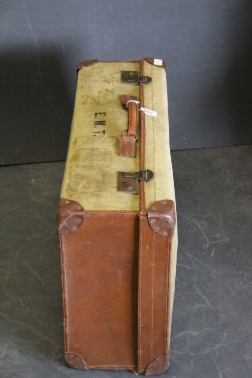 Vintage Leather & Canvas Suitcase inscribed E.M.T. - Image 2 of 3