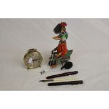 Chinese Tin plate clockwork toy, Bayard Alarm clock, two Fountain Pens to include Blackbird No3 with