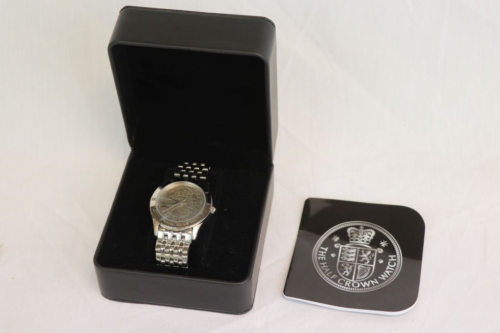 Boxed Gents Half Crown Wristwatch with real coin dial dated 1965 and booklet, by Arbo Limited