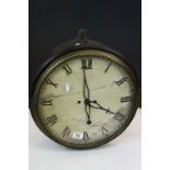 19th Century large Twin Fusee Wall Clock with Painted metal Dial, Brass bezel and pendulum