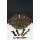 Carved Hardwood Lilypad Hors d' oeuvres Stand and Five Carved Wooden Loving Spoons