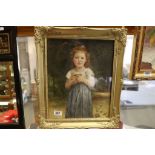 Swept Gilt Framed Oil Painting of a Victorian Girl clutching Apples