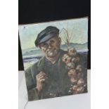 Unframed Oil on canvas of an Onion seller, with label to verso reading "444/ Campbell Rowland "