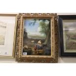 Oil on Panel Classical Scene Mother, Children and Livestock by Country Stream in Pierced Gilt Frame