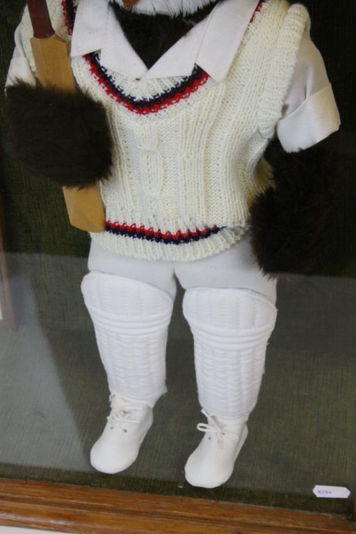 Wooden & glazed Display case with soft toy model of an Owl in Cricket gear, case measures approx - Image 3 of 5