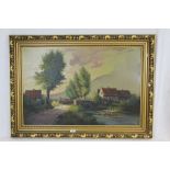 Large Gilt framed Oil on board Landscape depicting a Farmhouse and River with indistinct