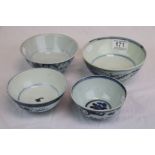 Four Chinese blue & white ceramic Nan King cargo type bowls of varying sizes, all four with