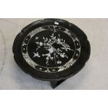 Oriental Black Lacquered Circular Tray on Stand with Mother of Pearl Inlay depicting Birds in