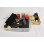 Tray of mixed collectables to include; Oil cans, Inkwell, ceramics, technical drawing set, Travel