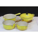 Le Creuset Yellow Cast Iron Lidded Casserole Dish plus Two Saucepans with Pouring Spouts and