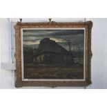 Large Oil Painting on Canvas Dark Scene of a Figure entering a Cottage, 78cms x 64cms, Gilt Framed