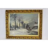 Large Gilt framed Oil on canvas depicting a Snowy village scene, with indistinct signature, frame