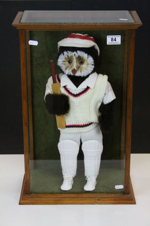 Wooden & glazed Display case with soft toy model of an Owl in Cricket gear, case measures approx