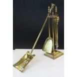 Brass Four Piece Companion Set together with Victorian Brass Fire Shovel stamped with registration