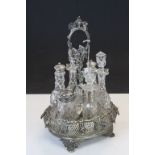 Silver plated Cruet stand with cut glass mismatched Bottles, approx 35 x 23 x 20cm