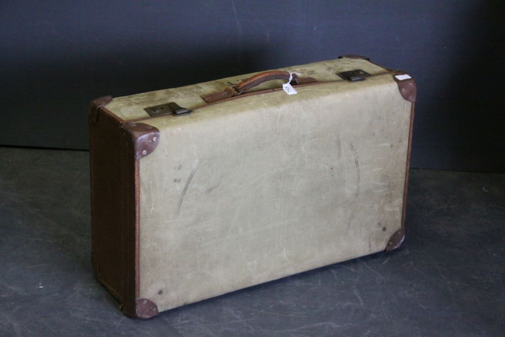 Vintage Leather & Canvas Suitcase inscribed E.M.T.