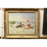 Gilt Swept Framed Oil Painting Family with Dog relaxing on a Beach