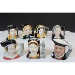 Set of seven Royal Doulton Henry the VIII Character Jugs to include D6647 Henry VIII, D6657