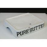 Vintage Ceramic Butter stand with black writing to side marked "Pure Butter", measures approx 34.5 x