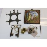 Vintage Copeland Tile with hand painted Arts & Crafts style scene, vintage Keys, Brass door knob