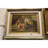 Oil on Board Gilt Framed Still Life of Fruit in a Basket on a Ledge signed I Bianchi