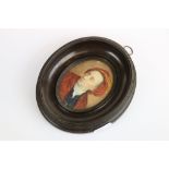 Antique Miniature oval Portrait on Ivory of "Alexander Pope" (1688 - 1744), with varnished Wooden