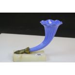 c1900 Cornucopia Blue Glass and Gilt Bronze Gloved Hand Vase on Alabaster Base