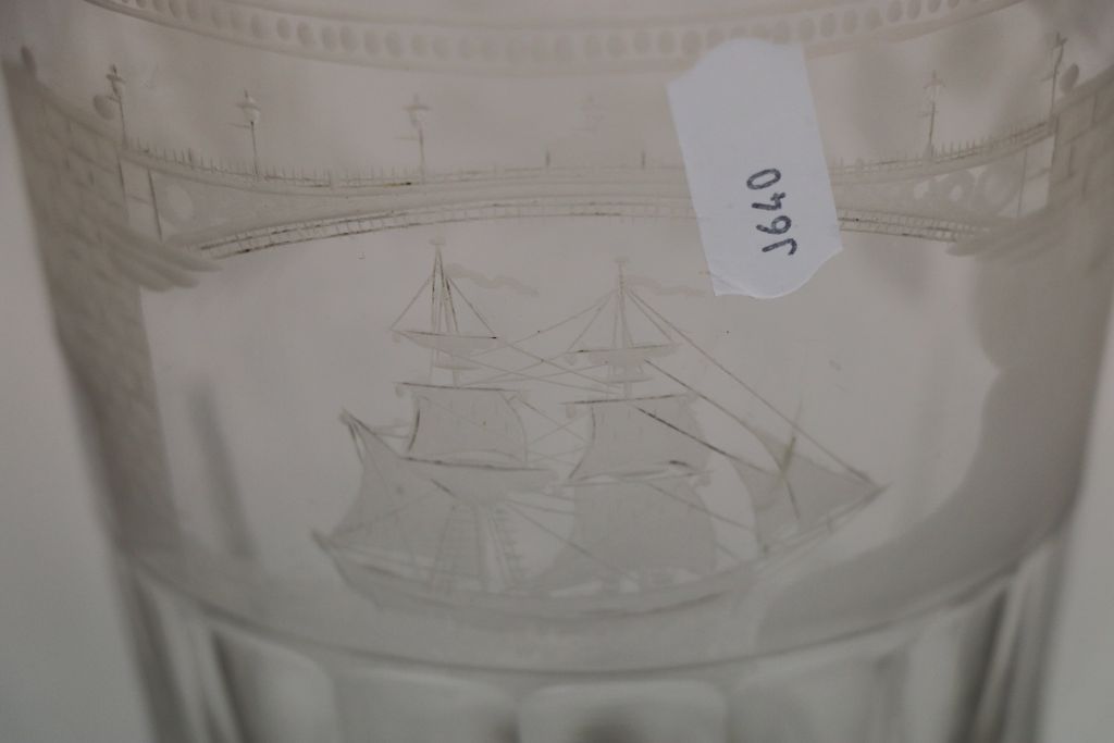 Large 19th Century cut Glass Goblet with wheel Engraved Sailing Ship going under a Bridge, - Image 3 of 7