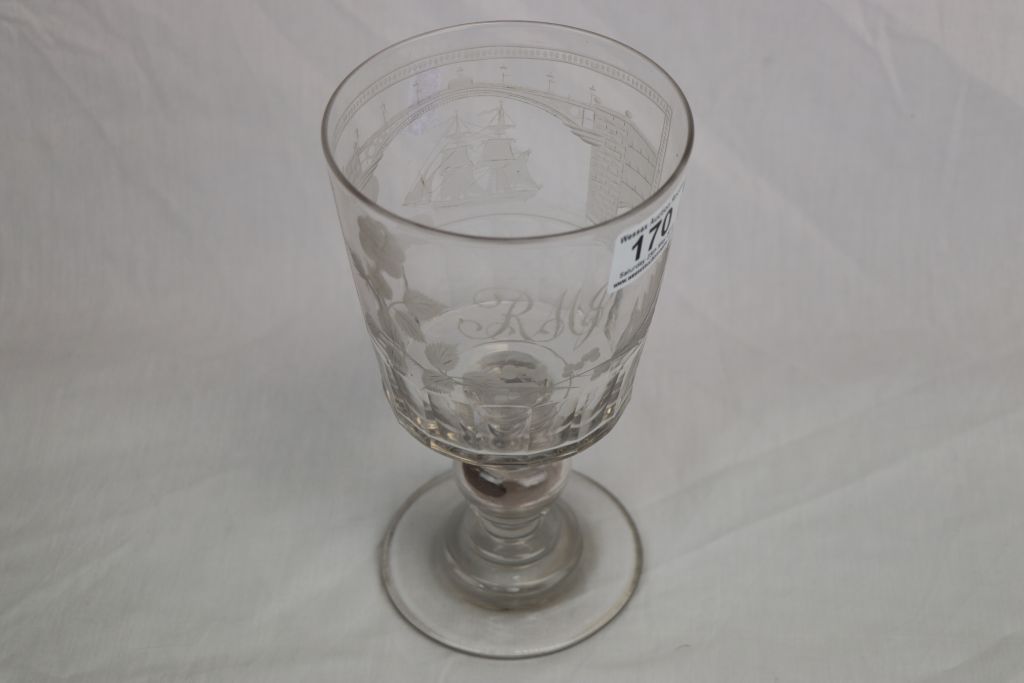 Large 19th Century cut Glass Goblet with wheel Engraved Sailing Ship going under a Bridge, - Image 6 of 7