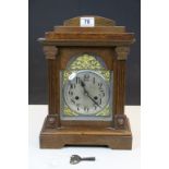 Oak cased Mantle Clock with, glazed front panel & silvered dial, comes with pendulum & key, measures