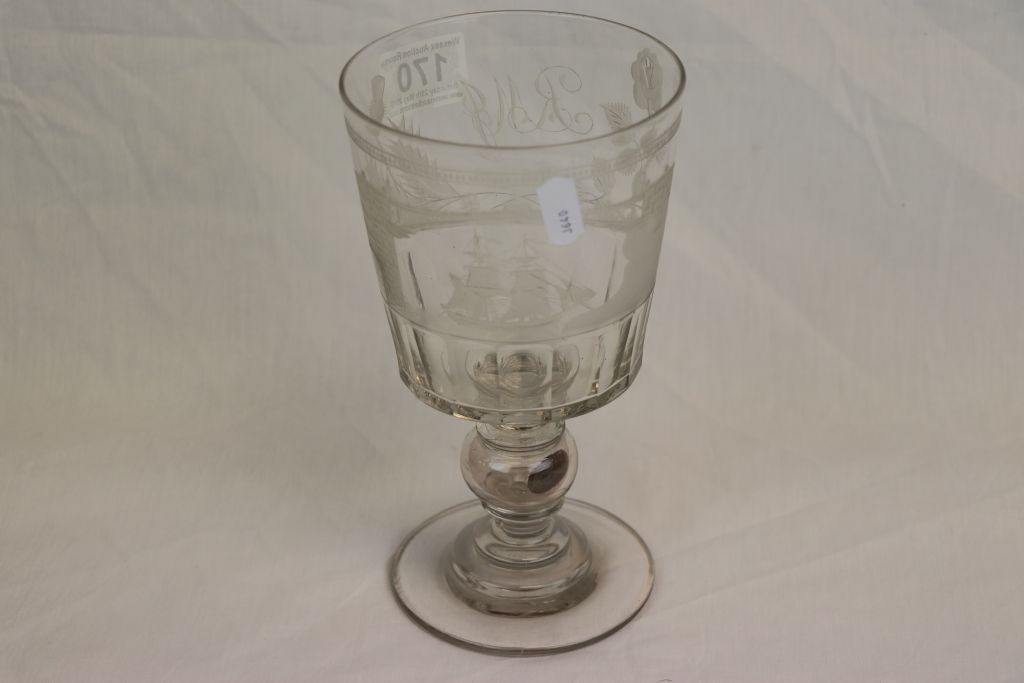 Large 19th Century cut Glass Goblet with wheel Engraved Sailing Ship going under a Bridge, - Image 2 of 7