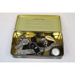 Tin of collectables including watches, pocket watches, silver and jewellery etc