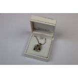 Gem set silver pendant necklace, the square shaped pendant set with peridot, garnet, citrine,