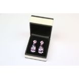 Pair of silver cz and large amethyst earrings cased