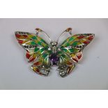 Silver and Plique a Jour butterfly brooch with amethyst cabochon