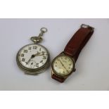 Vintage German top wind Nickel cased Alarm Pocket watch with Enamel dial, approx 47mm diameter