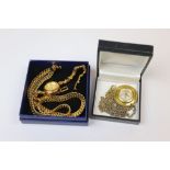 Gold plated fancy flat link neckace together with a ladies Eternity wristwatch with sapphire set