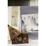 Two Boxed Oriental Scrolls together with a Bamboo and Paper Parasol painted with scenes of Cranes